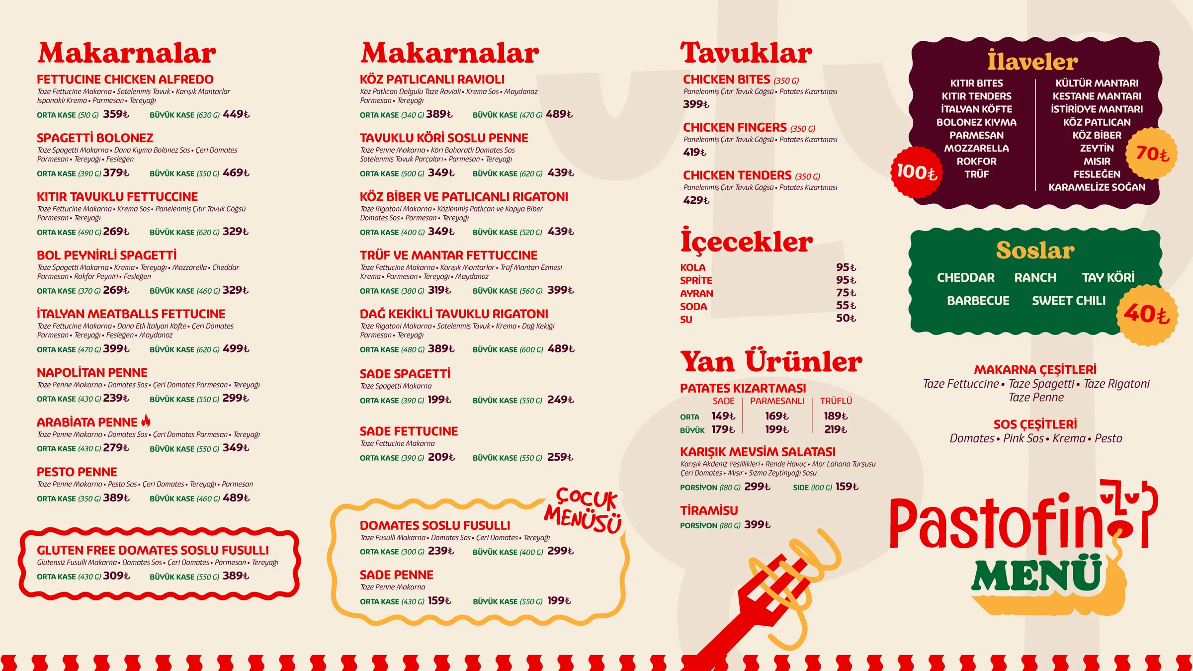 Pastofino menüsü: makarnalar, tavuklar, yan ürünler, içecekler, ilaveler ve soslar